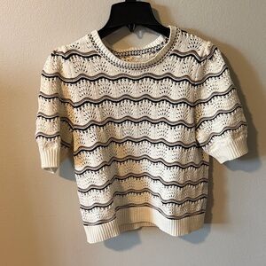 Marled Cream Knit Short-Sleeve Sweater with Black Stripes
